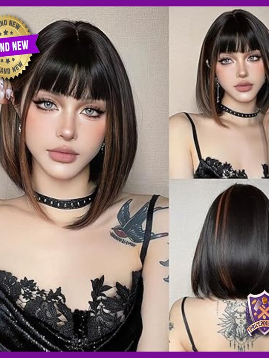 Short Straight Bob Human Hair Wig With Bangs Lightweight Daily Wear